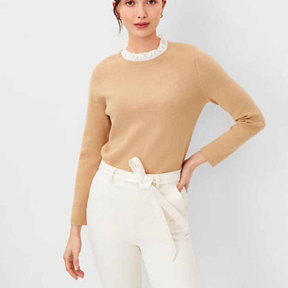 Ann Taylor women Chiffon Ruffle Mixed Media Sweater size XS